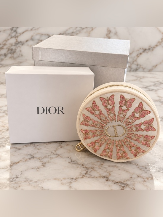 Dior Accessories - Dior Pink Butterflies Embroidered Round Leather Coin Pouch